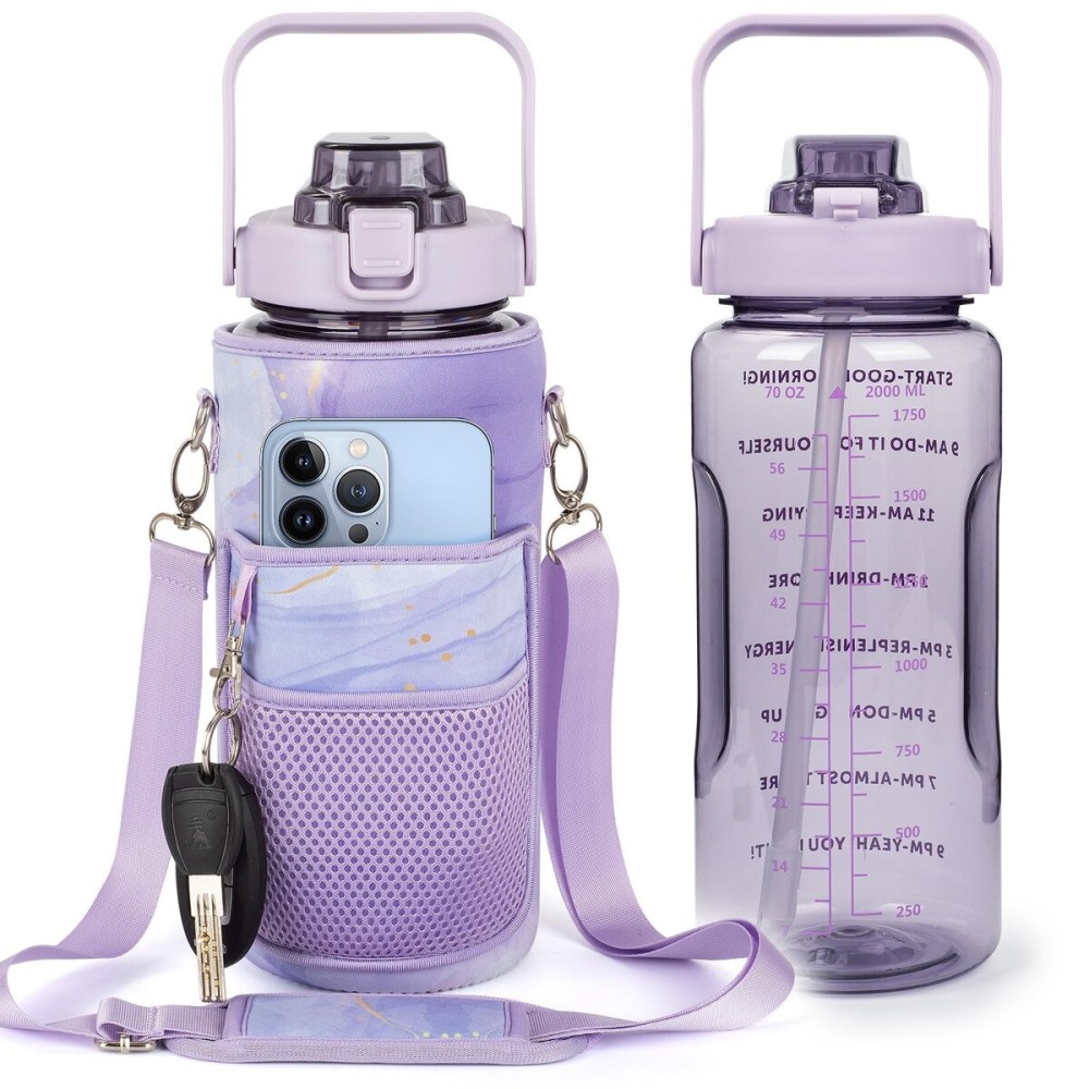 Chokoter Half Gallon Water Bottle with Sleeve, 64OZ Motivational Water Bottle with Straw & Time Marker, BPA Free Leakproof Large Sports Water Bottle, Reusable Water Jug for Workout Gym Sport