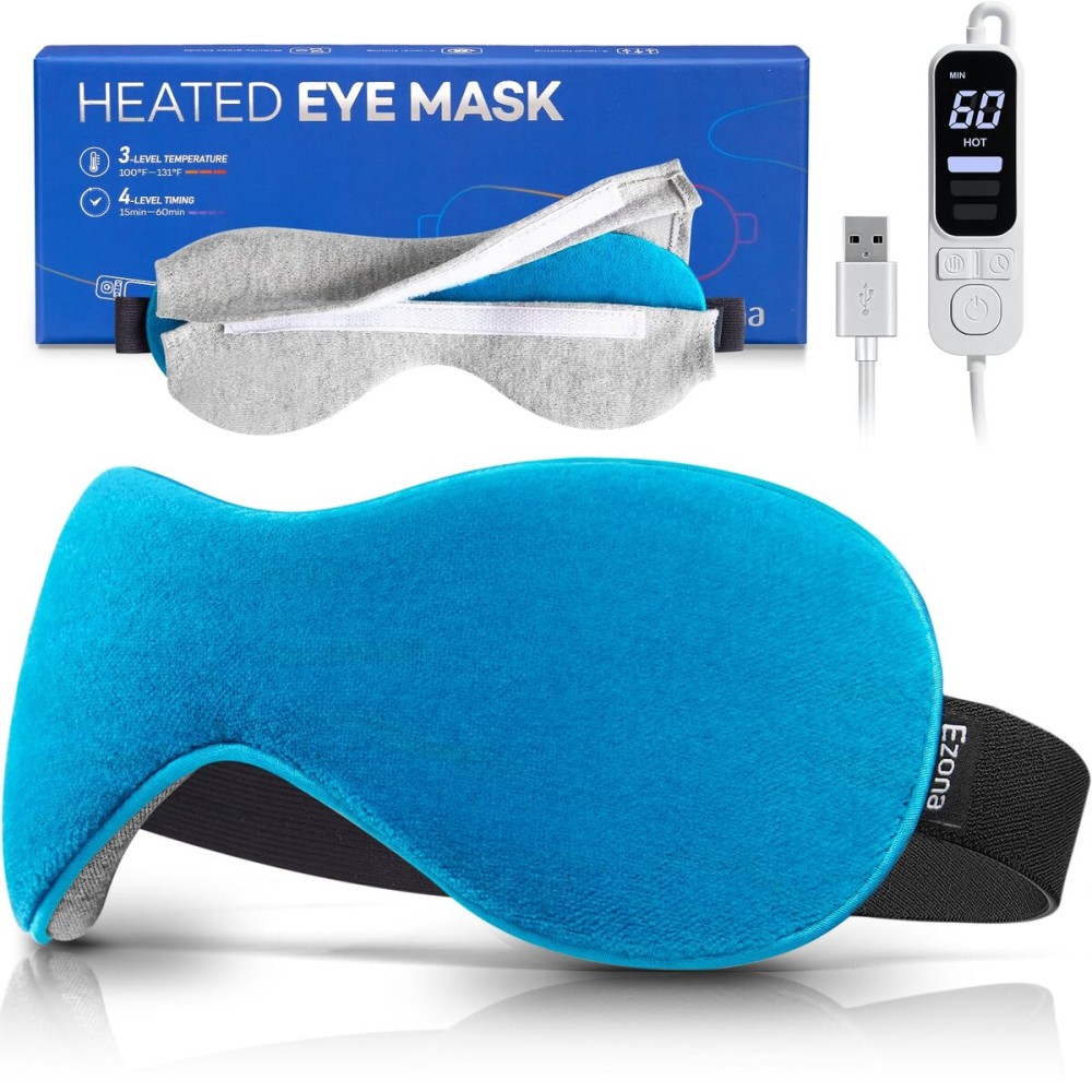 Ezona Heated Eye Mask, Warm Eye Compress Mask for Dry Eyes, USB Electric Eye Heating Pad with Temperature & Timer Control, Dry Eyes, Blepharitis, Sinus Migraine (Blue)