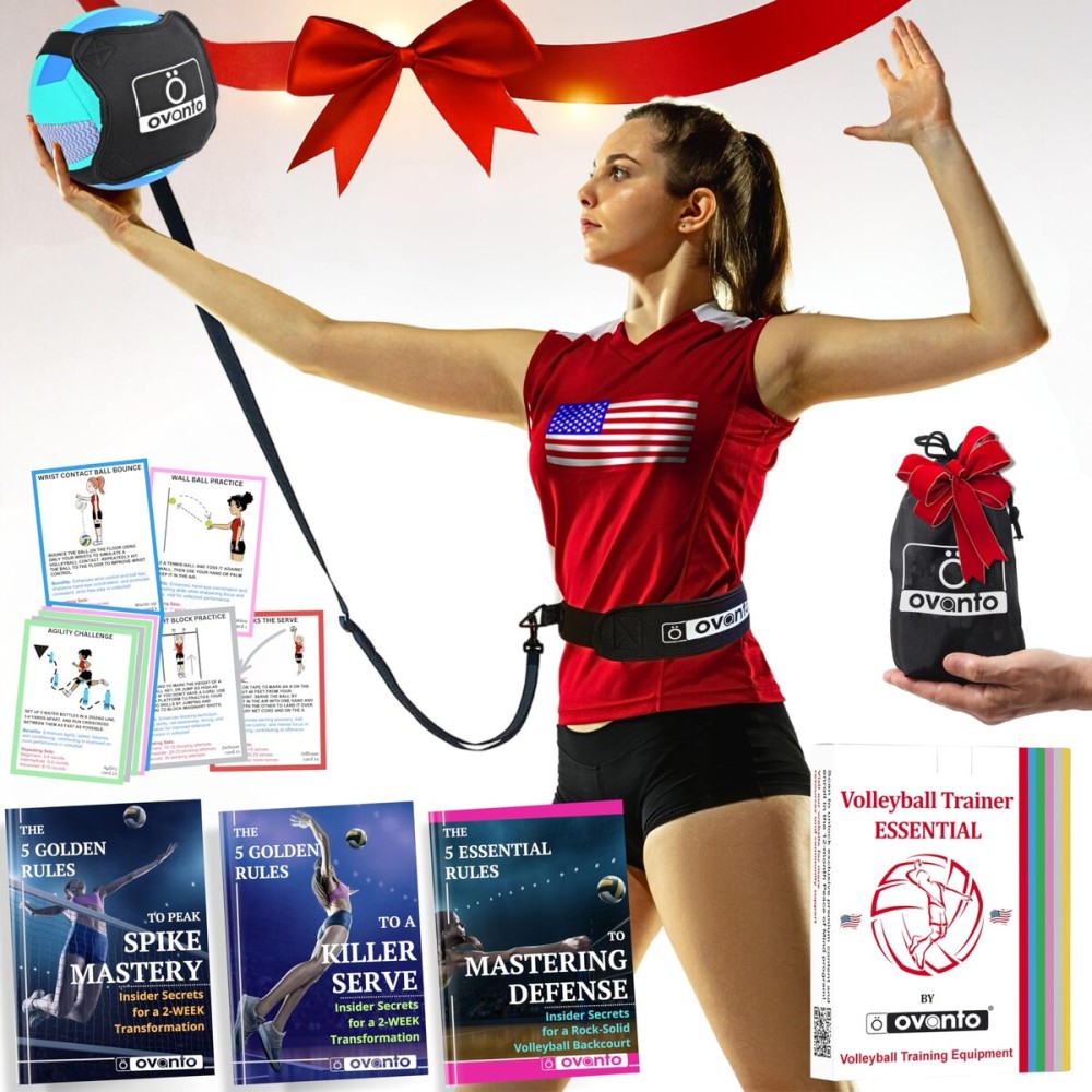 OVANTO Volleyball Training Equipment Aid - Adjustable Practice Volleyball Kit with Ultra-Stretch Neoprene, Exclusive Nylon Bag & Premium Content with Free ebooks, Best Gift for Beginners & Experts
