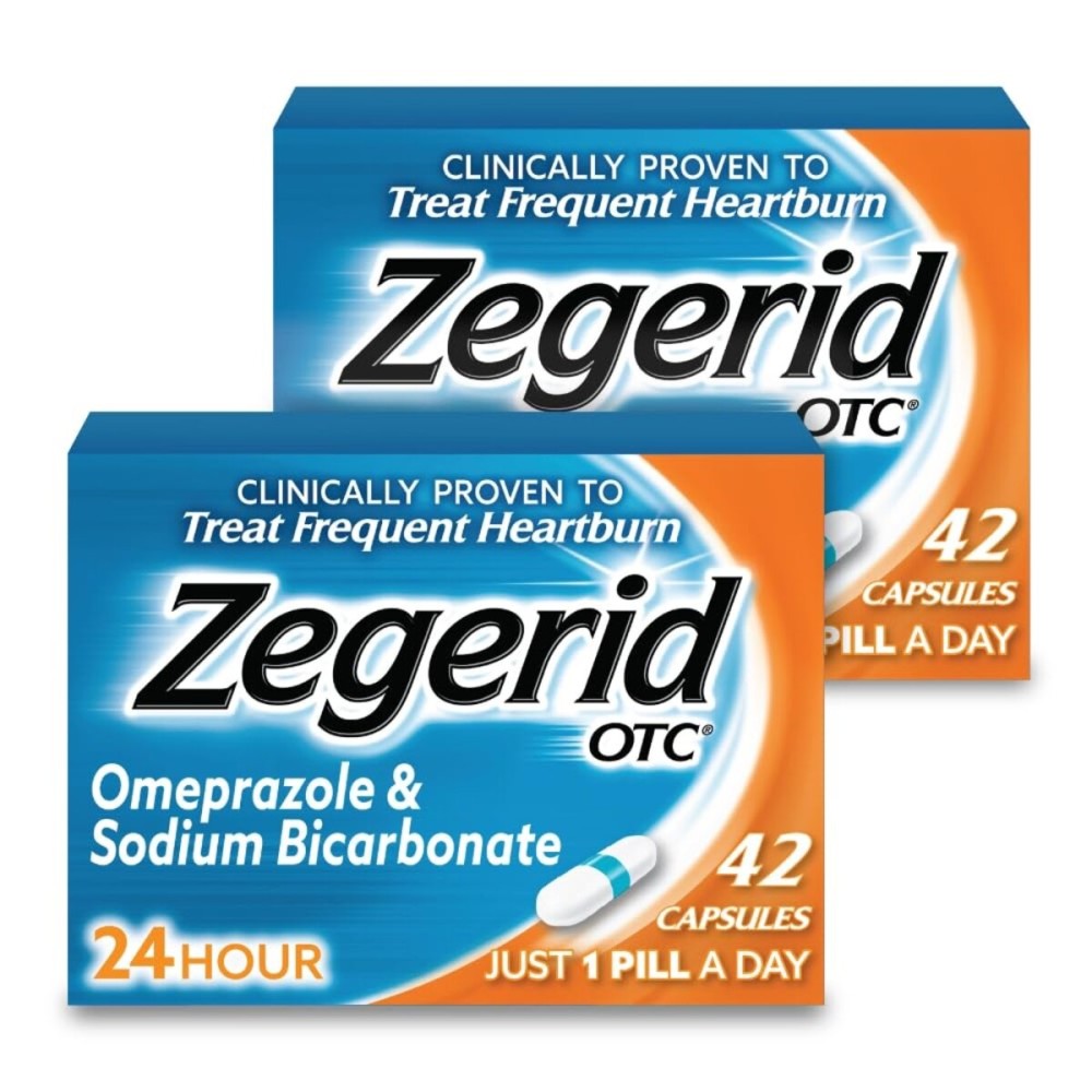 Zegerid OTC, 24-Hour Heartburn Relief, Acid Reflux Medicine and Antacid, Treats Frequent Heartburn, Omeprazole 20mg + Sodium Bicarbonate, Proton Pump Inhibitor (PPI), Two 42ct Cartons