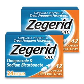 Zegerid OTC, 24-Hour Heartburn Relief, Acid Reflux Medicine and Antacid, Treats Frequent Heartburn, Omeprazole 20mg + Sodium Bicarbonate, Proton Pump Inhibitor (PPI), Two 42ct Cartons
