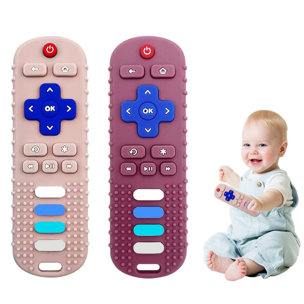 ERSIHUA 2-Pack Baby Teething Toys-TV Remote Control Shape Silicone Infants Teething Toys for Babies 0-18 Months,BPA-Free (Khaki+Red)