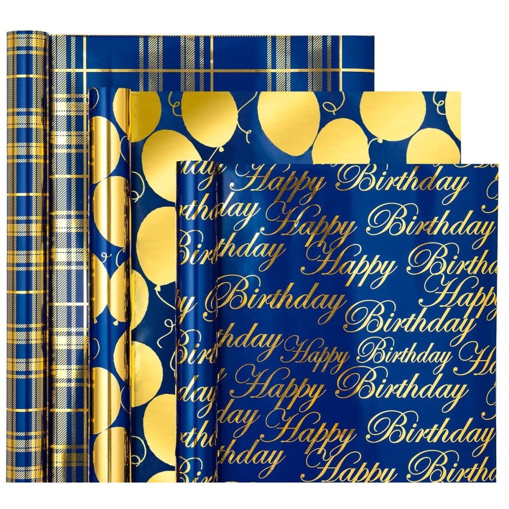 WRAPAHOLIC Birthday Wrapping Paper Roll - Mini Roll - 3 Rolls - 17 inch X 120 inch Per roll - Blue and Gold Foil Design for Party, Holiday, Baby Shower