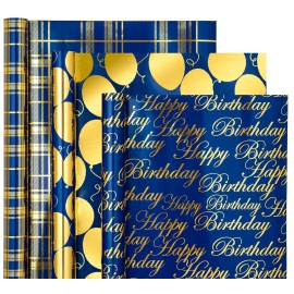 WRAPAHOLIC Birthday Wrapping Paper Roll - Mini Roll - 3 Rolls - 17 inch X 120 inch Per roll - Blue and Gold Foil Design for Party, Holiday, Baby Shower