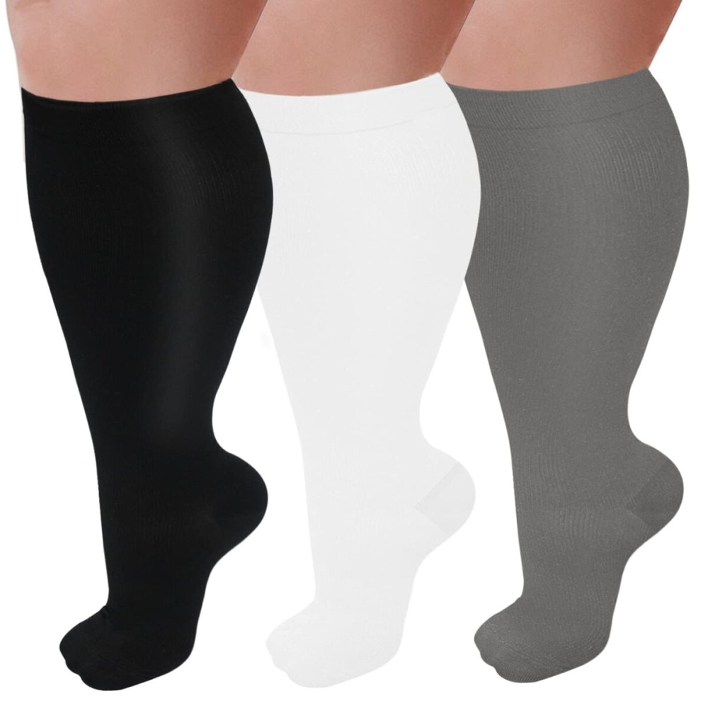 3 Pairs Plus Size Compression Socks for Women and Men Wide Calf 20-30mmhg Extra Large Knee High Support for Circulation