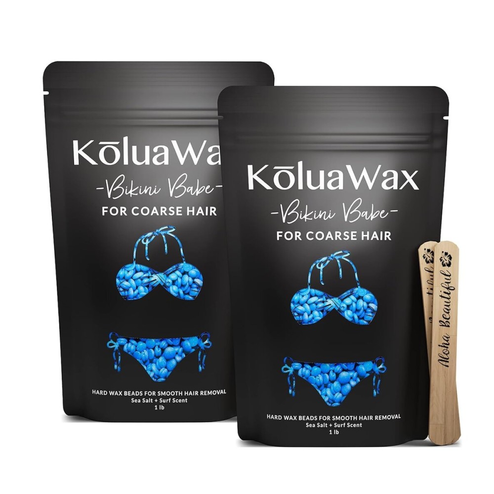 KoluaWax Hard Wax Beads for Hair Removal - Coarse Hair Formula - Face, Brazilian, Underarms, Back Chest, Bikini Waxing - Sea Salt & Surf, 1lb Refill for Wax Warmers & 10 Large Applicator Sticks 2 Pack