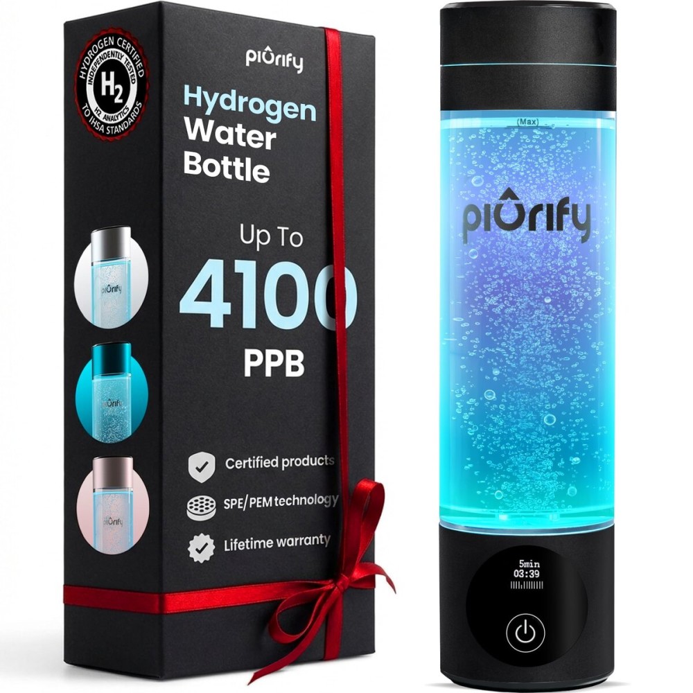 PIURIFY Hydrogen Water Bottle Generator - Up to 4100+ PPB - SPE/PEM Technology - Certified H2 Generator - Portable Athletic Performance & Hydration System - 6-Hour Hydrogen Retention, 10 oz (Black)