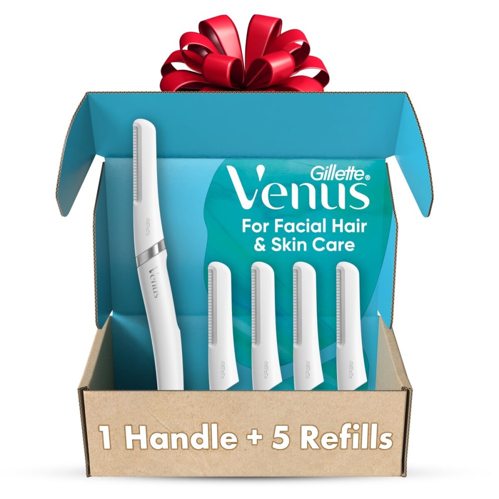Gillette Venus Facial Razor, Exfoliating Dermaplaning Tool for Face, Replaceable Refills, Removes Fine Facial Hair, Exfoliates Dead Skin, Skin Defense Guard, Handle with 5 Blade Refills