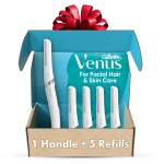 Gillette Venus Facial Razor, Exfoliating Dermaplaning Tool for Face, Replaceable Refills, Removes Fine Facial Hair, Exfoliates Dead Skin, Skin Defense Guard, Handle with 5 Blade Refills