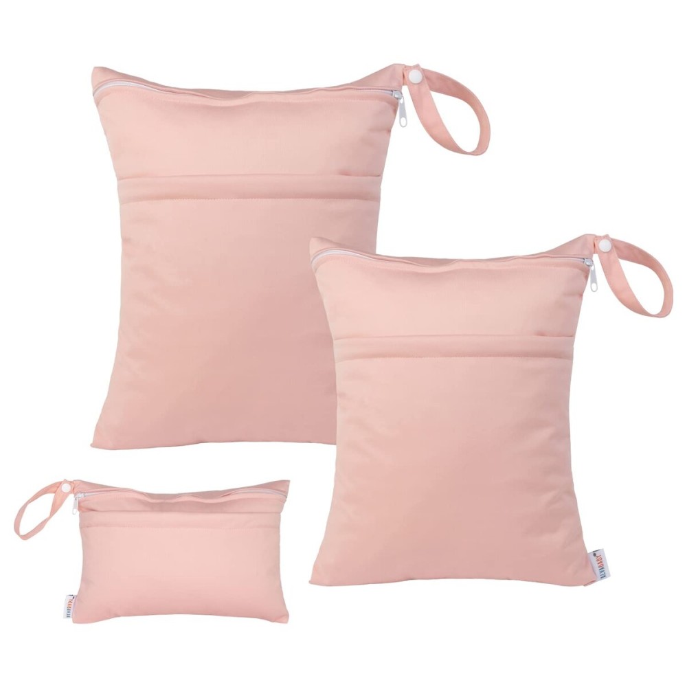 ALVABABY 3pcs Baby Cloth Diaper Wet/Dry Bags|Waterproof Reusable with Two Pockets|Travel, Beach, Pool, Daycare, Soiled Baby Items,YogaGym Bag for Swimsuits or Wet Clothes (3 pcs in SML, Pink) 3L-B19
