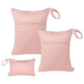 ALVABABY 3pcs Baby Cloth Diaper Wet/Dry Bags|Waterproof Reusable with Two Pockets|Travel, Beach, Pool, Daycare, Soiled Baby Items,YogaGym Bag for Swimsuits or Wet Clothes (3 pcs in SML, Pink) 3L-B19