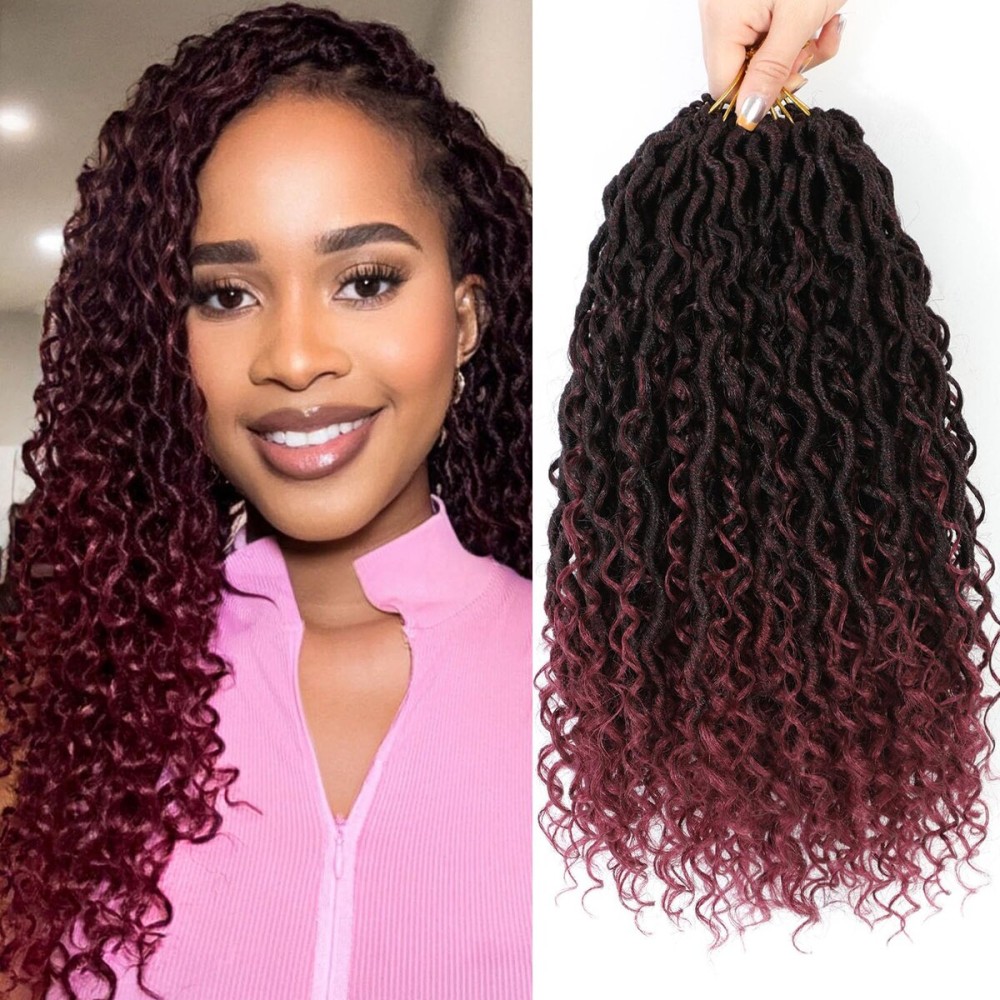 Col Bling 14 Inch 8 Packs Goddess Locs Crochet Hair Ombre Burgundy Faux Locs Crochet Hair for Women Pre Looped with Curly Ends Synthetic (TBUG)