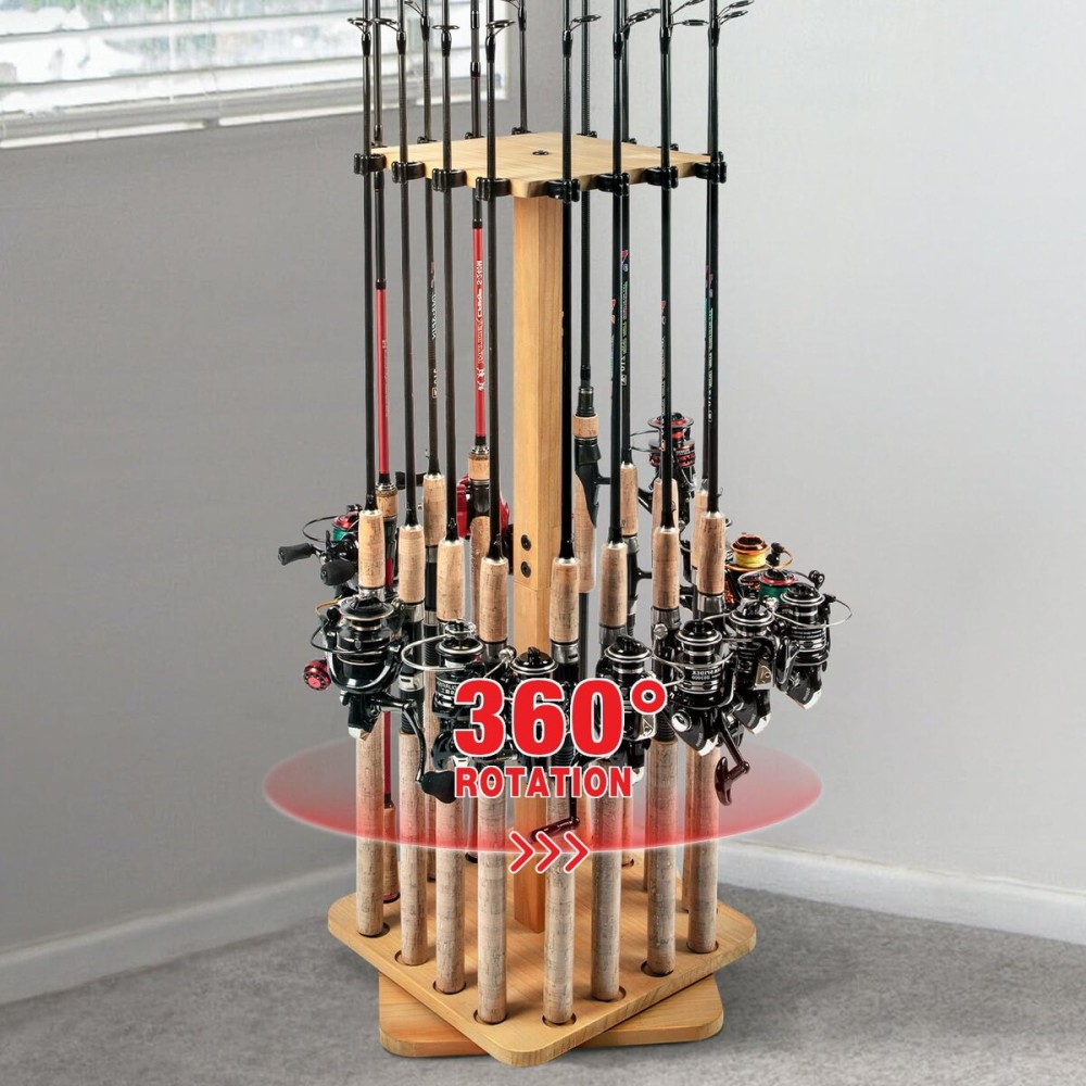 Ghosthorn Fishing Rod Holders for Garage 360 Degree Rotating Fishing Pole Rack, Floor Stand Holds up to 16 Rods Wood Fishing Gear Equipment Storage Organizer, Fishing Gifts for Men Women