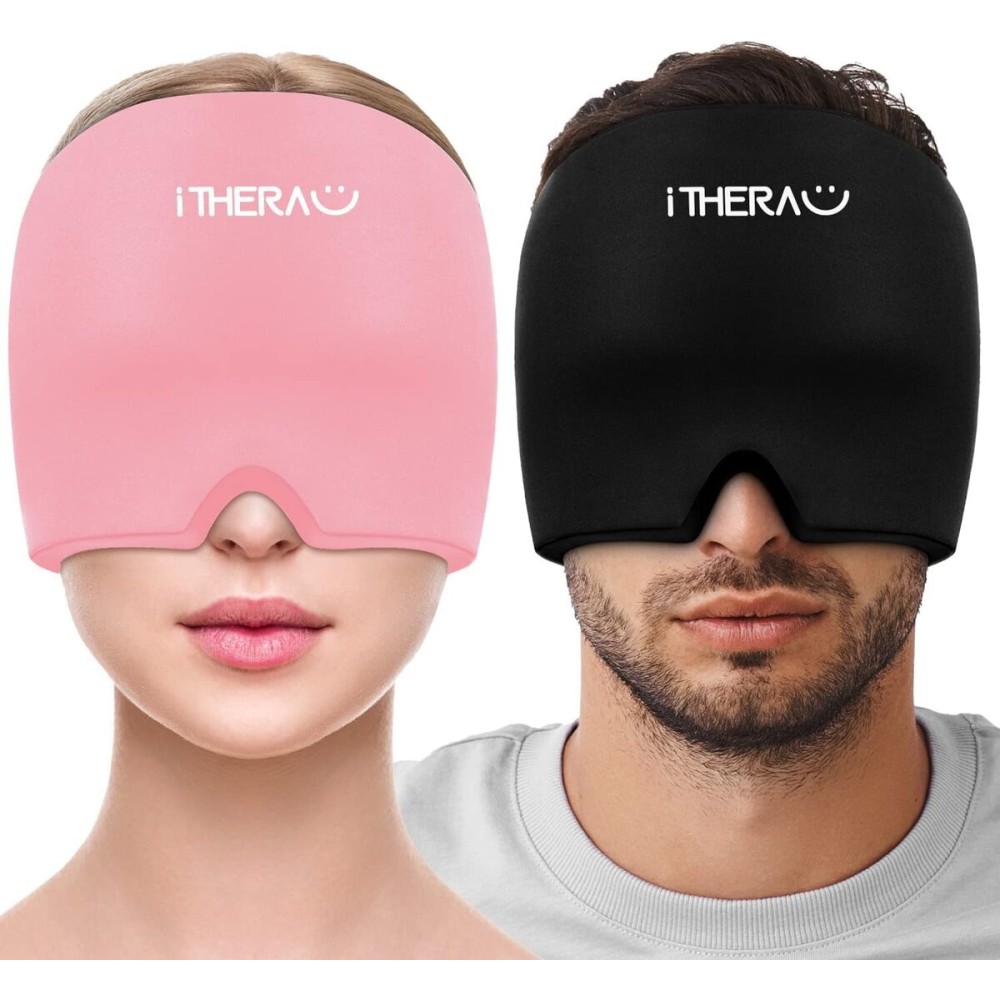 iTHERAU Migraine Ice Head Wrap-Headache Relief Hat, Migraine Relief Cap, Cold Therapy Headache Relief Cap Pink&Black Headache Ice Pack for Puffy Eyes, Tension, Sinus & Stress Relief