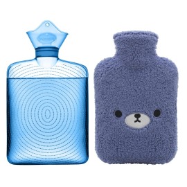 samply Hot Water Bottle with Cute Fleece Cover, Hot Water Bag for Hot and Cold Compress, Hand Feet Warmer, Neck and Shoulder Pain Relief, Navy Blue Bear