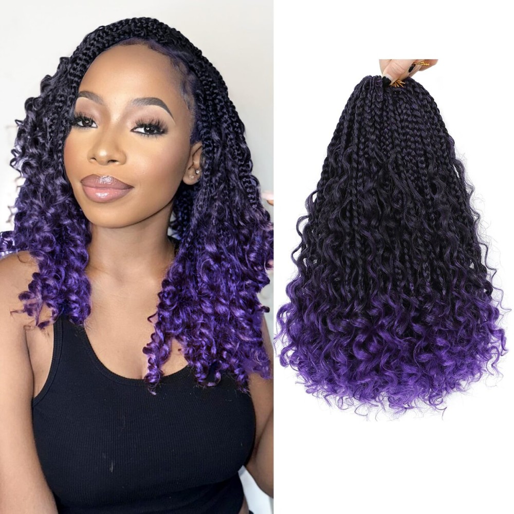 Fulcrum Goddess Box Braids Crochet Hair 12 Inch, 9 Packs Box Braid Crochet Hair for Women, Pre-looped Bohemian Crochet Braids with Curly Ends (12Inch, 1B/Purple)