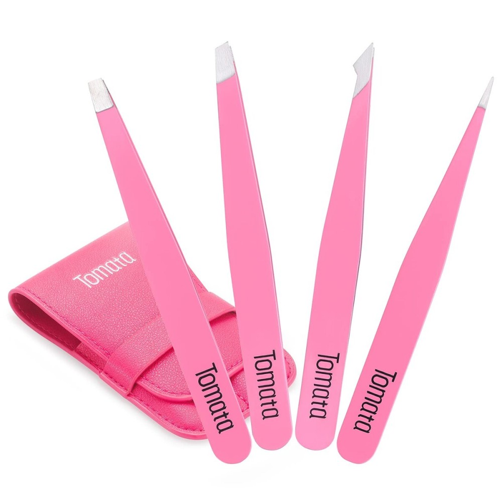 Tomata Tweezers for Eyebrows, Slant Tip and Pointed Eyebrow Tweezer Set Great Precision for Eyebrows Facial Hair, Ingrown Hair, Splinter, Blackhead and Tick Remover (4-piece) (pink)