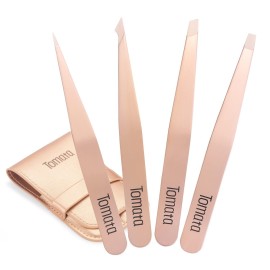 Tomata Tweezers for Eyebrows, Slant Tip and Pointed Eyebrow Tweezer Set Great Precision for Eyebrows Facial Hair, Ingrown Hair, Splinter, Blackhead and Tick Remover (4-piece) (Gold)