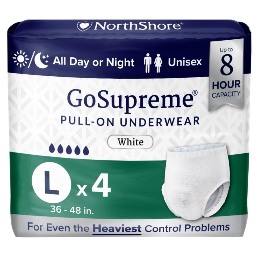 NorthShore GoSupreme Overnight Incontinence Underwear, 8-Hour Pullup Style, Large, 4 Count Starter Pack, White, 36-48 inches, Unisex Adult Diapers