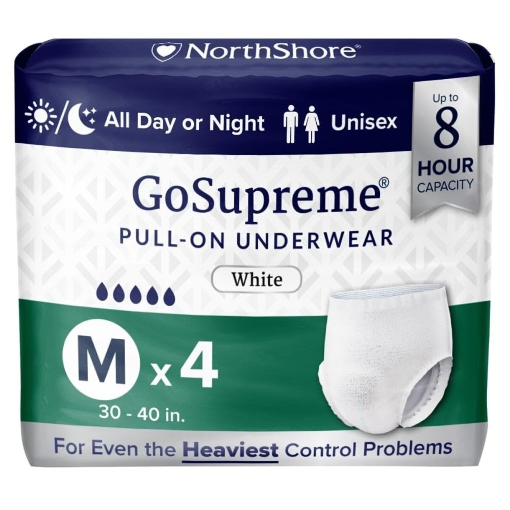 NorthShore GoSupreme Overnight Incontinence Underwear, 8-Hour Pullup Style, Medium, 4 Count Starter Pack, White, 30-40 inches, Unisex Adult Diapers