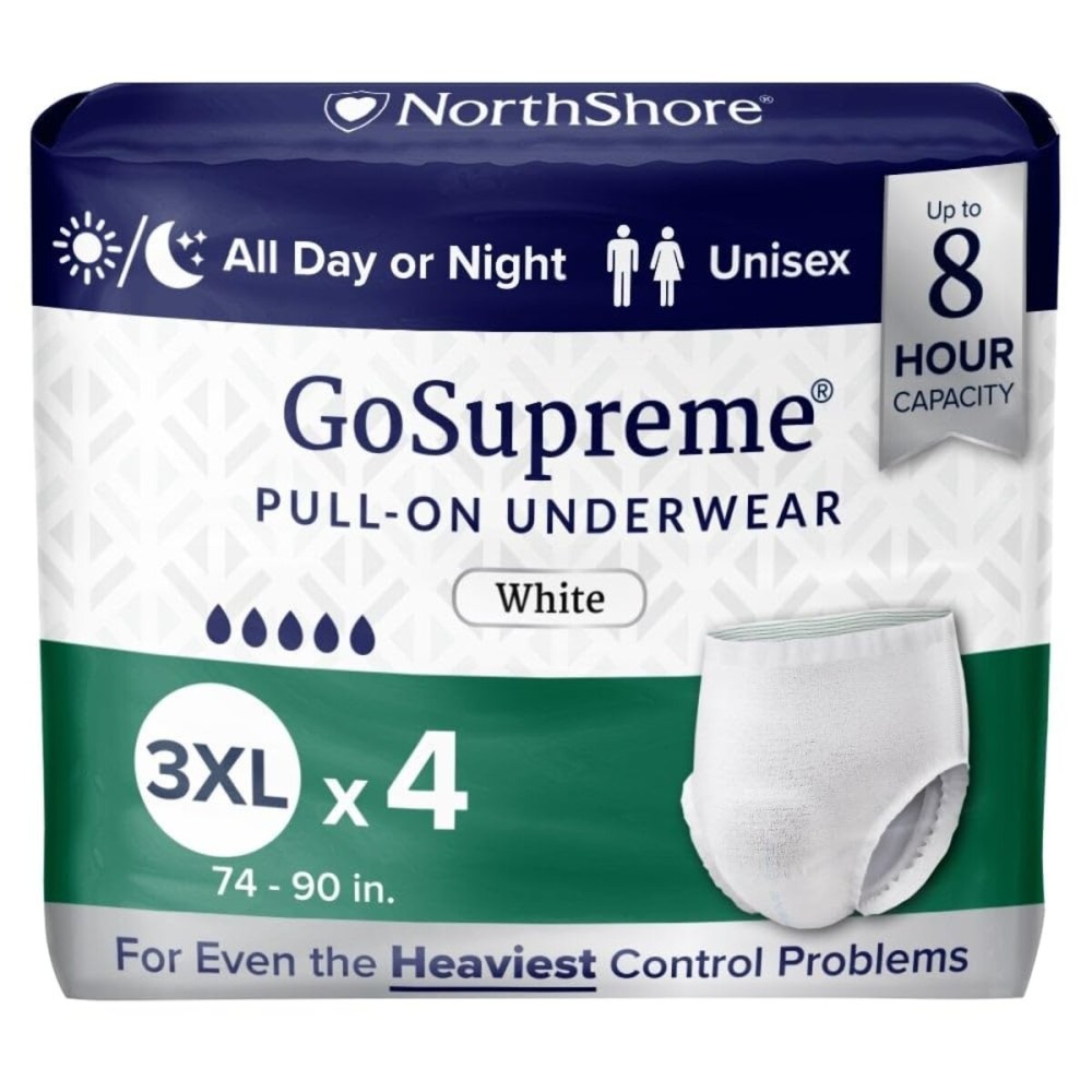 NorthShore GoSupreme Overnight Incontinence Underwear, 8-Hour Pullup Style, 3X-Large, 4 Count Starter Pack, White, 74-90 inches, Unisex Adult Diapers