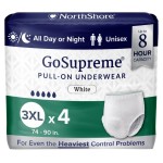 NorthShore GoSupreme Overnight Incontinence Underwear, 8-Hour Pullup Style, 3X-Large, 4 Count Starter Pack, White, 74-90 inches, Unisex Adult Diapers