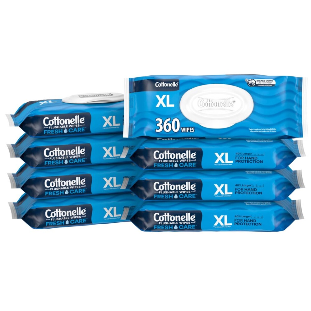 Cottonelle XL Flushable Wet Wipes, Adult Wipes Large, 8 Flip-Top Packs, 45 Wipes Per Pack (360 Total Wipes), Packaging May Vary