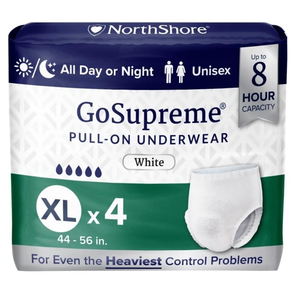 NorthShore GoSupreme Overnight Incontinence Underwear, 8-Hour Pullup Style, X-Large, 4 Count Starter Pack, White, 44-56 inches, Unisex Adult Diapers