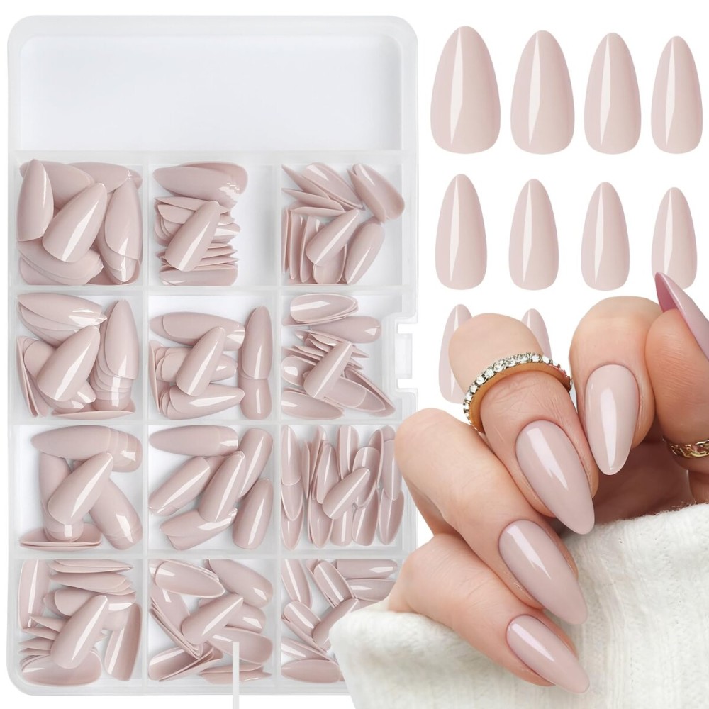 LoveOurHome 240pc Almond Press on Nails Medium Colored Fake Nail Tips Full Cover Artificial Fingernail French Stiletto Manicure with Adhesive Tabs for Women Girls Kids