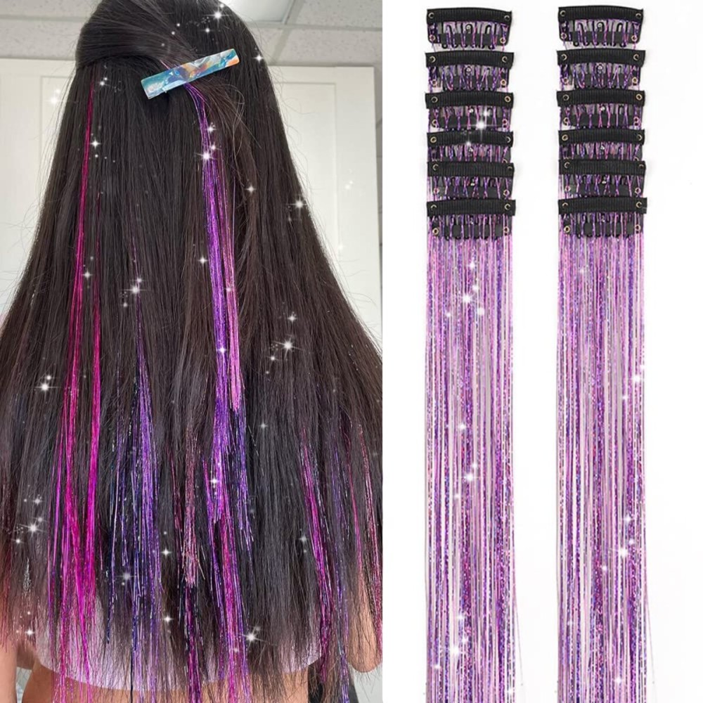 Hair Tinsel Pack of 12 Pcs Clip in Hair Tinsel 20 Inch Glitter Purple Tinsel Hair Extensions, Festival Tinsel Fairy Hair Extension Party Dazzle Hair Accessories Strands Kit (12Pcs,Purple)