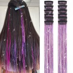 Hair Tinsel Pack of 12 Pcs Clip in Hair Tinsel 20 Inch Glitter Purple Tinsel Hair Extensions, Festival Tinsel Fairy Hair Extension Party Dazzle Hair Accessories Strands Kit (12Pcs,Purple)