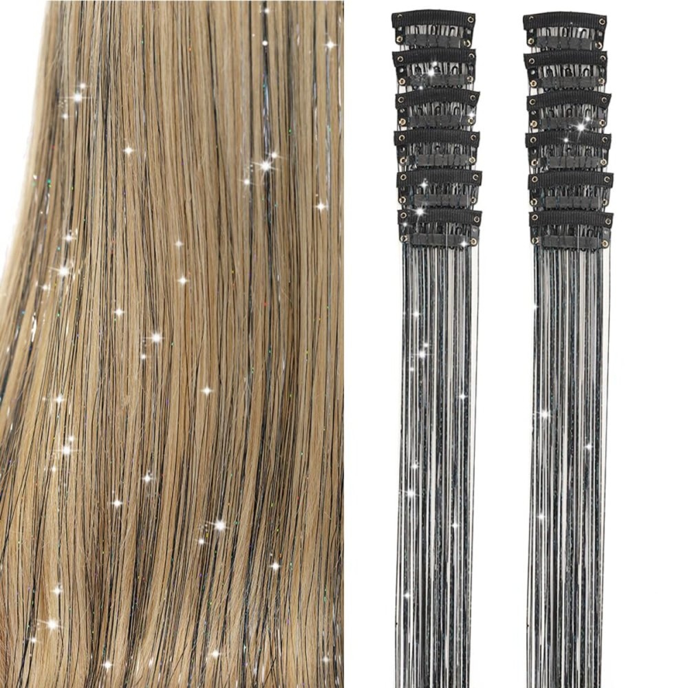 Clip in Hair Tinsel, Pack of 12 Pcs 20 Inch,Glitter Tinsel Hair Extensions, Festival Tinsel Fairy Hair Extension Party Dazzle Hair Accessories Strands Kit for Women Girls Kids(12Pcs,Black)