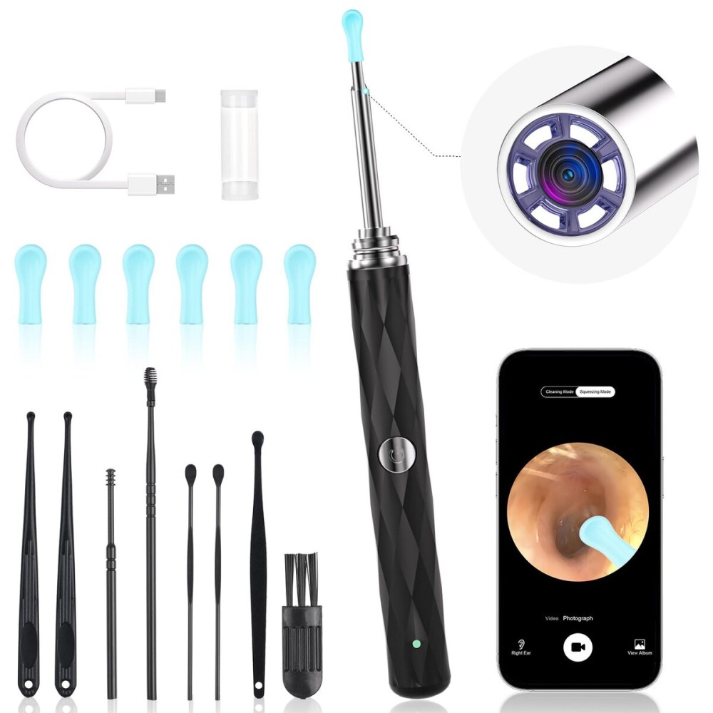 High-Definition Ear Wax Removal, Wireless Ear Cleaner, Safe and Gentle Ear Wax Removal Kit, Rechargeable Ear Cleaner with Camera and Light, Ear Cleaning Kit for Android and iOS (Black)