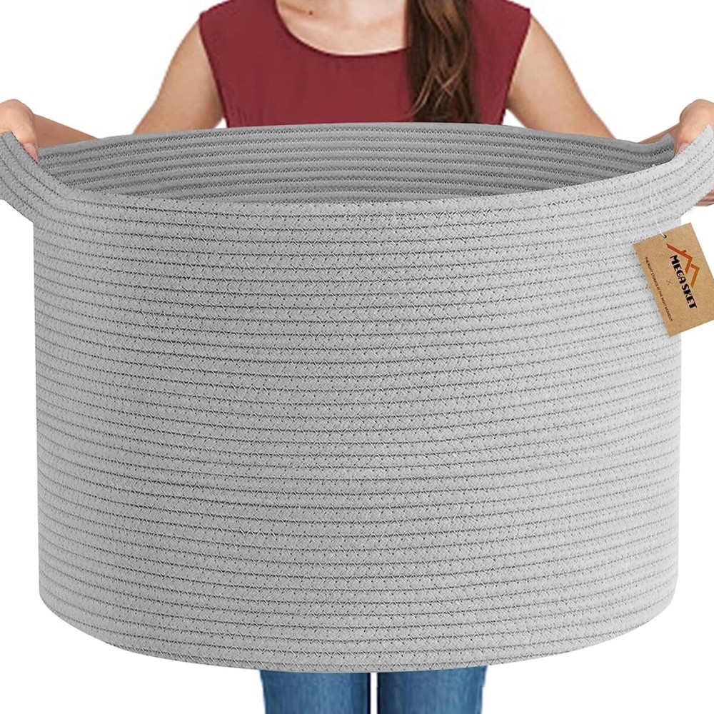 MEGASKET Extra Large Grey Storage Basket, 22 X 22 X 14 XXXL Blanket Basket for Living Room, Gray Wicker Woven Cotton Rope Baskets for Storage, Kids Toy Baskets Bins, Decorative Pillow Towel Basket