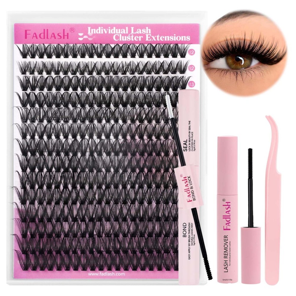 FADLASH DIY Lash Extension Kit Individual Lashes Clusters Lash Bond and Seal, Clusters Lash Glue Remover and Eyelash Tweezers for Eyelash Extensions (40D-0.07D, 12-18mm, Kit)