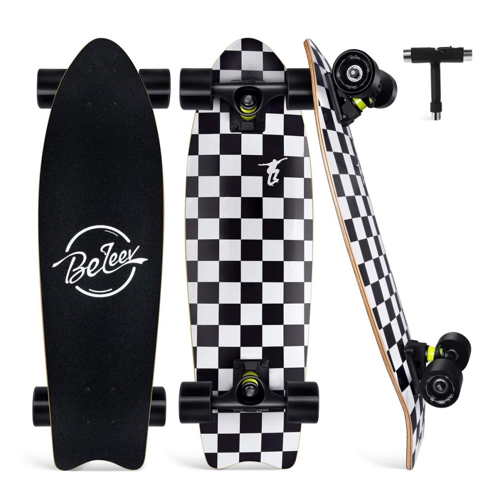 BELEEV Cruiser Skateboards for Kids, 27x8 inch Complete Skateboard for Beginners Teens Adults, 7 Ply Canadian Maple Double Kick Deck Concave Trick Skateboard with LED Light-Up Wheels (Nebula)