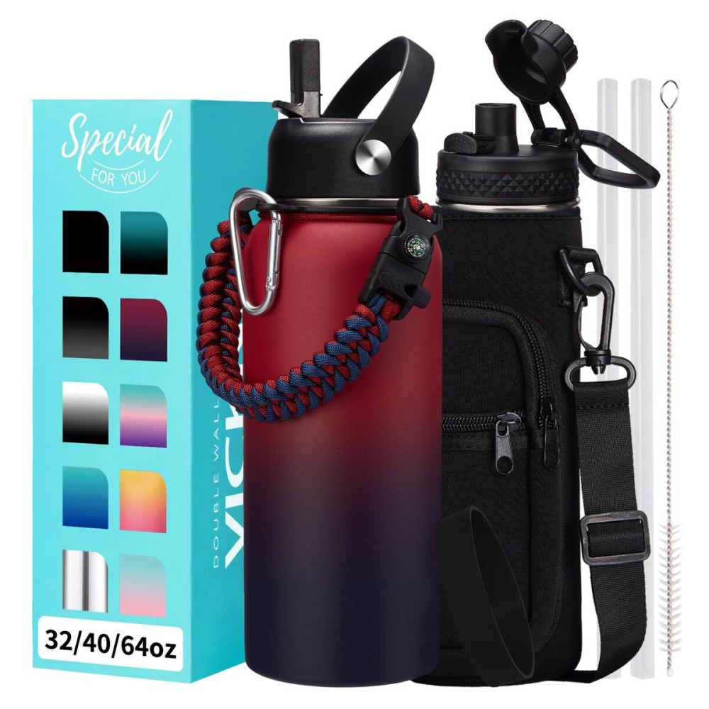 Insulated Water Bottle 32 oz - Straw & Chug Lid, Paracord Handle, Metal Water Bottles Holder with Strap, Water Bottle Boot, Triple Wall Vacuum Flask Thermo Flask with Straw Keep Cold 48H Hot 24H
