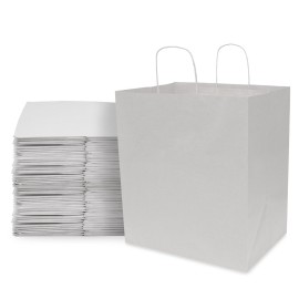 Prime Line Packaging White Gift Bags, Kraft Paper Bags Large with Handles for Small Business, Boutiques, Merchandise, Party Favors, Bulk, 14x10x16.5, 50 Pack