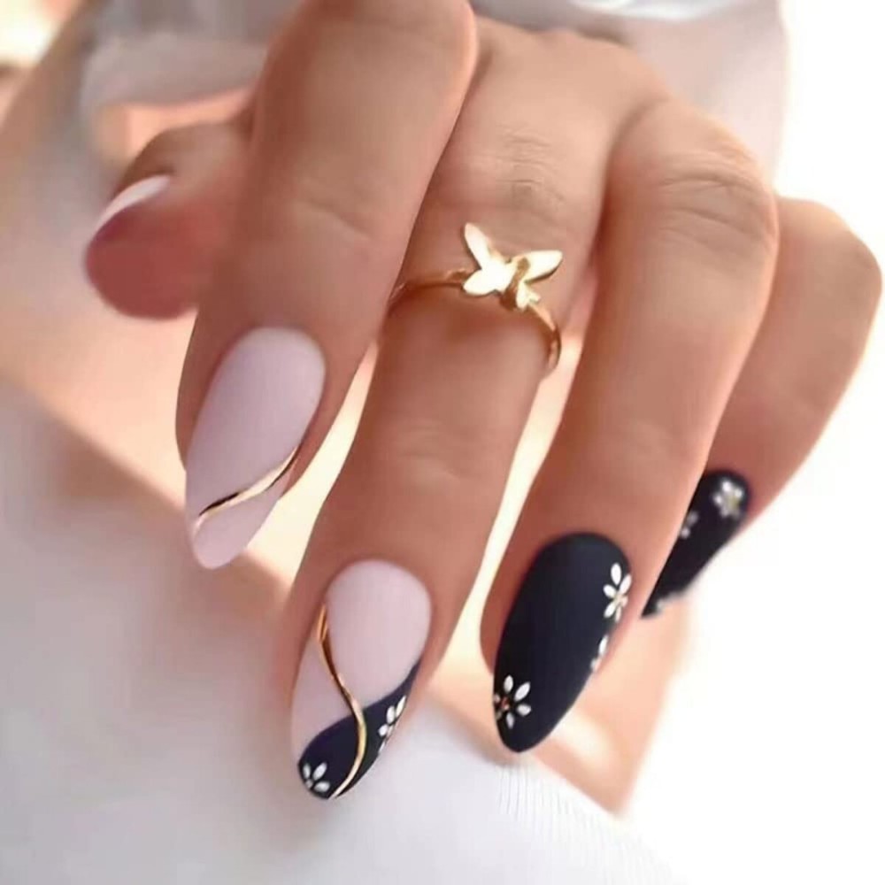 Magrace Press on Nails Medium Almond Fake Nails French Tips False Nails with Designs 24 pcs Stick on Nails for Women