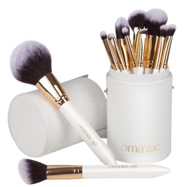 OMANIAC Makeup Brush Set Professional, 12 Pearlescent Wood Handle Makeup Brushes, Premium Cruelty-Free Synthetic Fiber Hair, Travel Make up Brushes Set with Case (White).