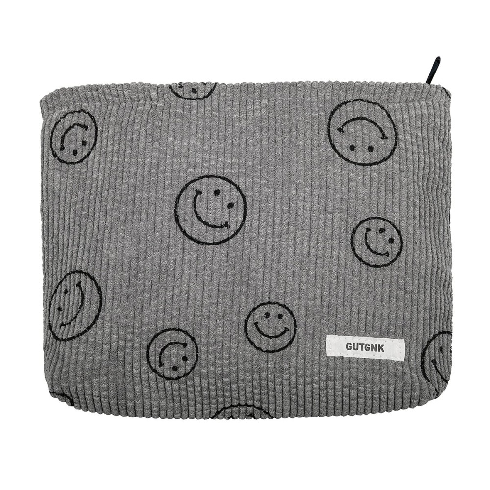Makeup bag for Women, Corduroy Cosmetic Bag Aesthetic Design Ladies Tote Bag,Cute Smiley Face Makeup Organizer with Zipper - Gray