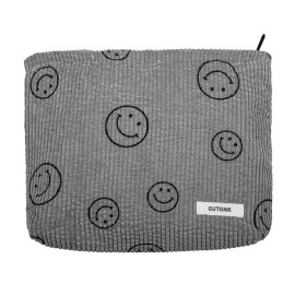 Makeup bag for Women, Corduroy Cosmetic Bag Aesthetic Design Ladies Tote Bag,Cute Smiley Face Makeup Organizer with Zipper - Gray