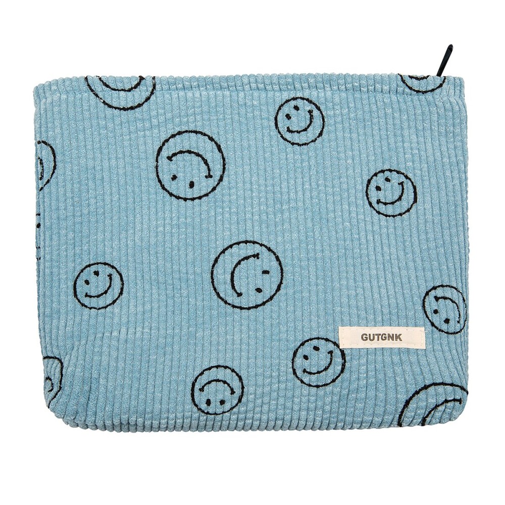 GUTGNK Makeup bag for Women, Corduroy Cosmetic Bag Aesthetic Design Ladies Tote Bag,Cute Smiley Face Makeup Organizer with Zipper - Blue