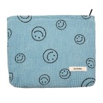 GUTGNK Makeup bag for Women, Corduroy Cosmetic Bag Aesthetic Design Ladies Tote Bag,Cute Smiley Face Makeup Organizer with Zipper - Blue