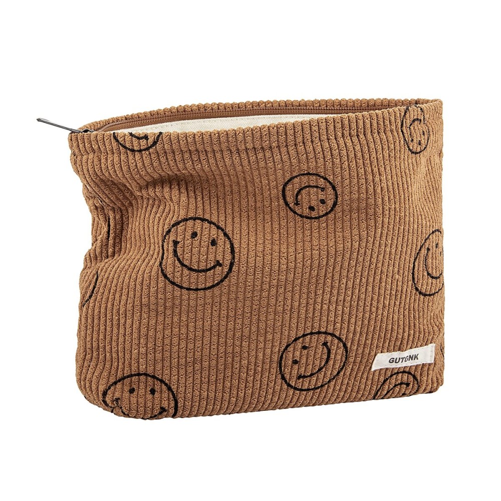 GUTGNK Makeup bag for Women, Corduroy Cosmetic Bag Aesthetic Design Ladies Tote Bag,Cute Smiley Face Makeup Organizer with Zipper - Brown