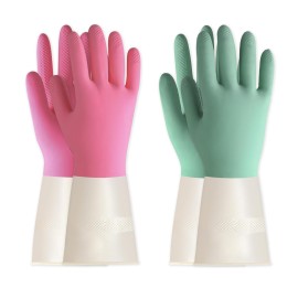 BOOMJOY Latex Cleaning Gloves, Heavy Duty Dishwashing Gloves, Reusable Medium Gloves for Kitchen, Bathroom, Gardening, Working, Pet Care - Green & Pink, 2 Pairs, Size M