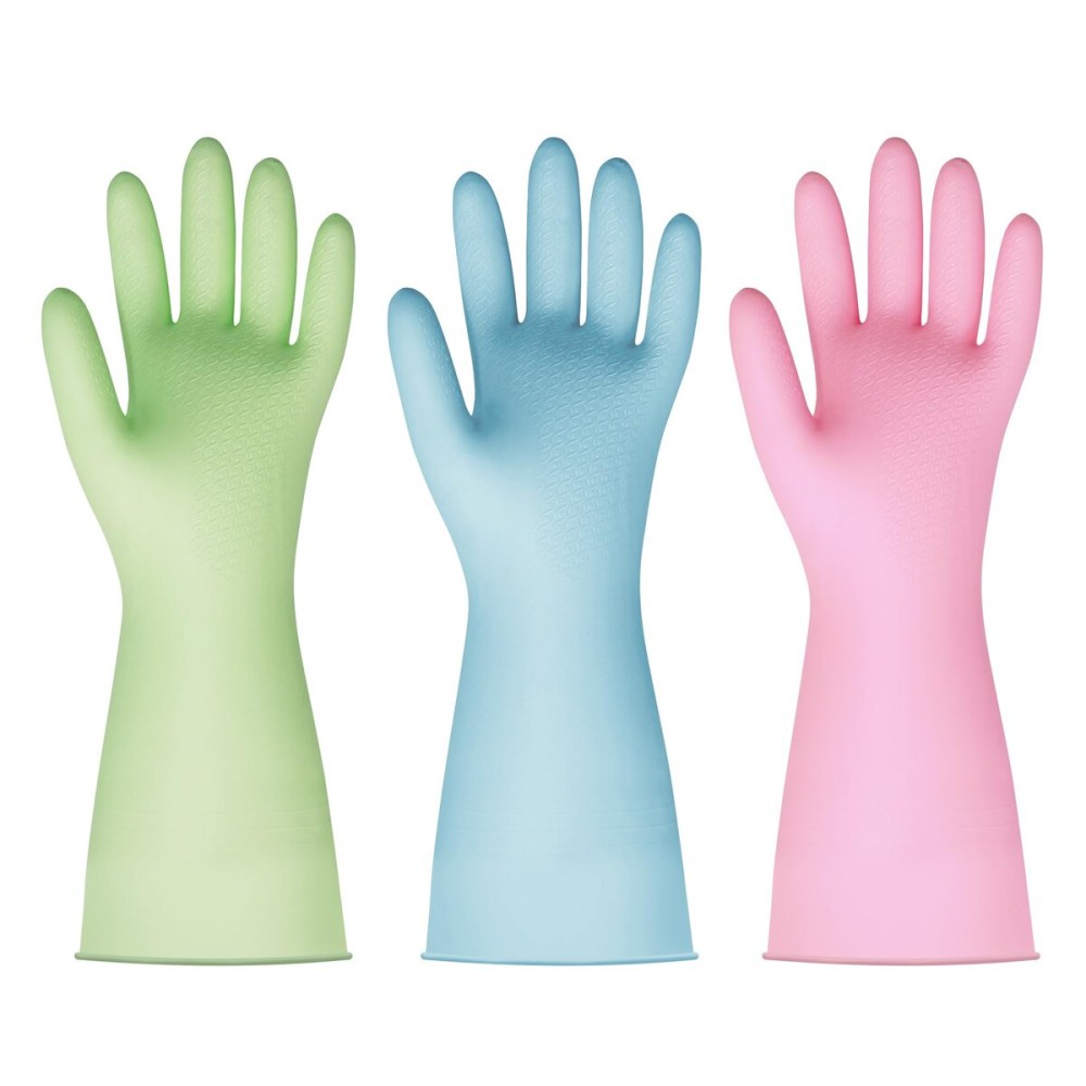 BOOMJOY PVC Cleaning Gloves, Reusable Dishwashing Gloves, Medium Gloves for Kitchen, Bathroom, Gardening, Working, Pet Care - Pink & Blue & Green, 3 Pairs, Size M