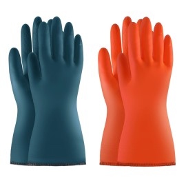 BOOMJOY PVC Cleaning Gloves with Lining, Heavy Duty Dishwashing Gloves, Reusable Large Gloves for Kitchen, Bathroom, Gardening, Working, Pet Care - Orange & Blue, 2 Pairs, Size L