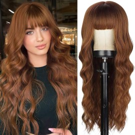 Lativ Auburn Wig with Bangs Long Wavy Ginger Wig Natural Looking Heat Resistant Synthetic Curly Full Wigs for Women Daily Use 26 Inches