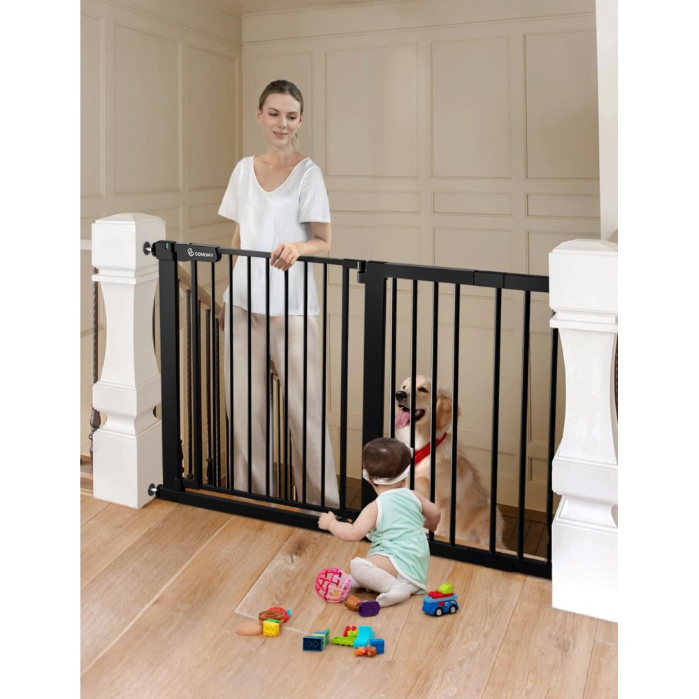 COMOMY 30 Tall Baby Gate for Stairs Doorways, Fits Openings 29.5 to 51.6 Wide, Auto Close Extra Wide Dog Gate for House, Pressure Mounted Easy Walk Through Pet Gate with Door, Black
